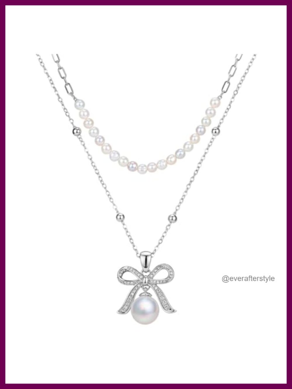 Layered Pearl Bow Pendant Necklace 14K White Gold Plated 18"